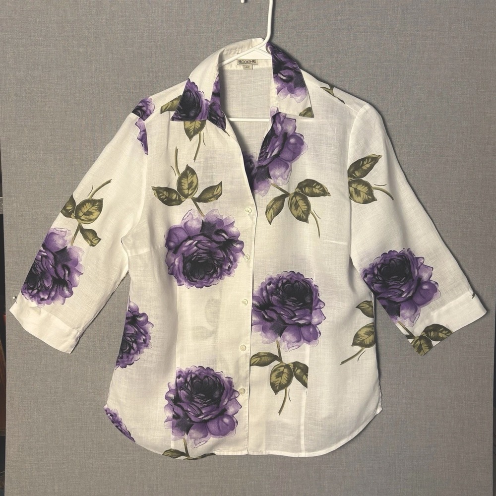 Brookshire White Linen Button Up Shirt Purple Floral Pattern Sz M L Quiet Luxury